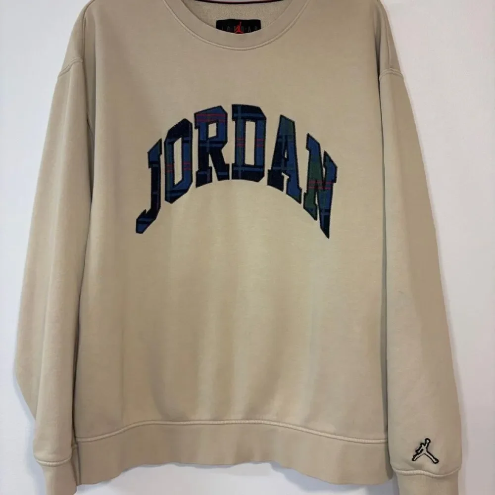 Jordan Men's large essential holiday Cream Tan Sweatshirt crewneck plaid
